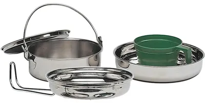 Kochset für 1 Person, 4-teilig, Edelstahl, mit Topf, Pfanne und Deckel