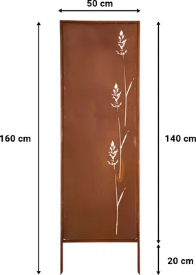 A metal privacy screen with a rust-like finish and a decorative plant motif, shown with dimensions indicated.