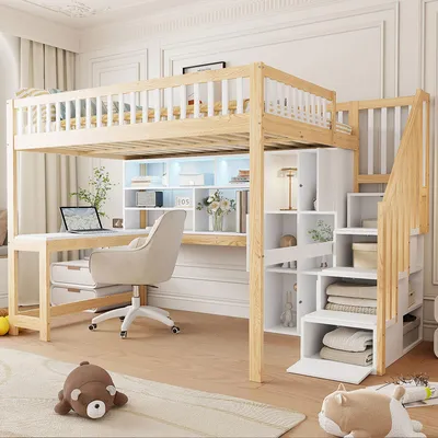 A loft bed with a desk and shelves underneath, set up in a child's or teenager's room.