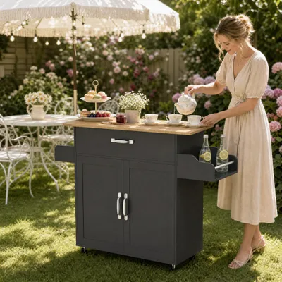 Image de CHARIOT DE CUISINE ROSEJANE avec plan de travail en bois, chariot de service sur roulettes avec tiroir, armoire et étagère à épices, chariot de cuisine mobile, gris, 115 x 36 x 90 cm