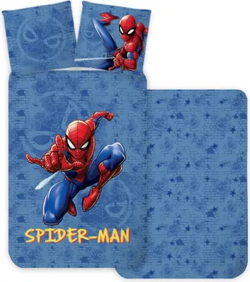 A Spiderman themed duvet cover and pillowcase set laid out flat.