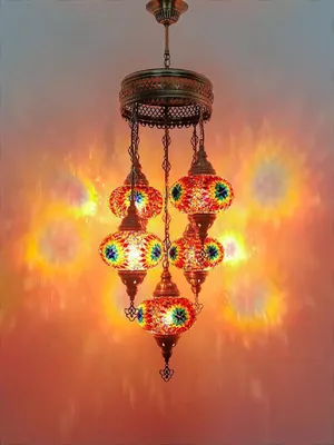 Immagine prodotto di Lampada a sospensione a 5 sfere in vetro mosaico multicolore - Lampada a sospensione turca con 5 sfere in vetro mosaico - Lampada da soffitto orientale