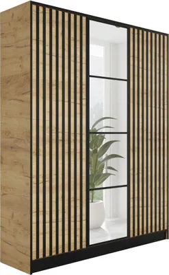 A wardrobe with a wood-like finish and black vertical slats, featuring a mirrored section with a plant.
