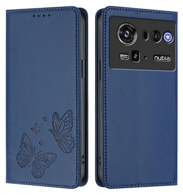 Produktbild von Lederhülle für ZTE nubia Z80 Ultra, Schmetterling Prägung Leder Brieftasche Schutzhülle mit Ständer Dunkelblau