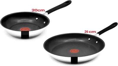 Two frying pans of different sizes are shown on a white background.