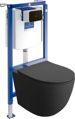 Produktbild von DOMINO Villeroy&Boch ViConnect H112 Vorwandelement Unterputz WC mit Bedienplatte + Wand Hänge Tiefspül WC Sinto Schwarz Spülrandlos | WC Komplettset |