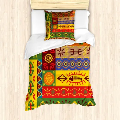 Produktbild von ABAKUHAUS afrikanisch Bettbezug Set, Abstrakte Westafrikanische Stammes Volkskunst Mit Einzigartigen Alten Linien Druck, 135 x 200 cm + 80 x 80 cm, Mehrfarbig