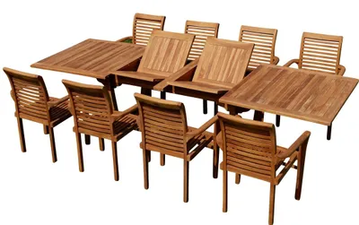 Produktbild von ALEOS. Teak Gartengarnitur Gartenset Sitzgruppe Ausziehtisch Tobago 200-250-300x100 cm mit 8 Stapelsessel Alpen aus Teakholz Gartenmöbelset Esstischgruppe Sessel stapelbar