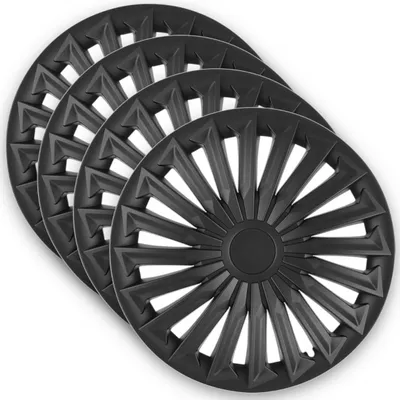 A set of four black wheel covers arranged in a staggered, overlapping formation against a white background.