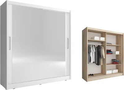 Image de Armoire à portes coulissantes, armoire de chambre à coucher, miroir, blanche, 180 cm