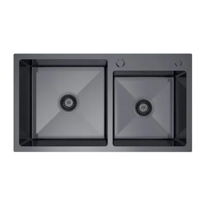 Immagine prodotto di VBChome Lavello da cucina 78×45 cm in acciaio inossidabile color grafite – Lavello a doppia vasca, profondità 21 cm, mobile sottolavello minimo 80 cm