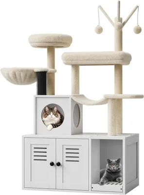 Image de Arbre à chat avec armoire à litière Meuble pour chats en bois avec plusieurs plates-formes 78 x 48 x 140 cm blanc