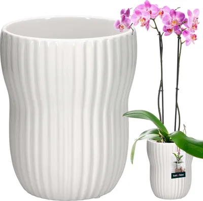 Zdjęcie produktu dla KOTARBAU® Doniczka do kwiatów biała wewnątrz okrągła ⌀ 11,5 cm H: 16,5 cm rowkowana szkliwiona ceramiczna doniczka do kwiatów wewnątrz ceramiczna doniczka do roślin wewnątrz doniczka do orchidei ceramiczna doniczka do kwiatów duża doniczka do kwiatów