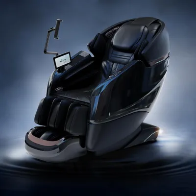 A high-end black massage chair with a tablet attached, set against a dark, moody background with subtle lighting.