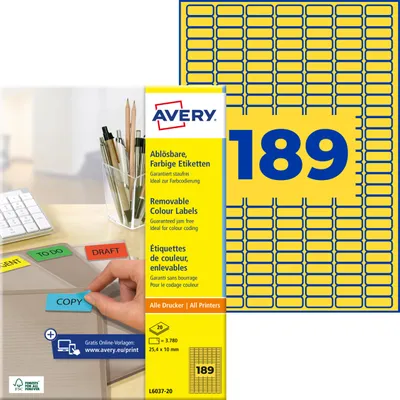 Produktbild von Avery Zweckform L6037-20, Farbige Etiketten, ablösbar, A4, 25,4 x 10 mm, 3.780 Etiketten / 20 Bögen, gelb