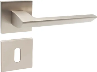 A satin nickel door handle set with a square rosette and a keyhole escutcheon, presented against a white background.