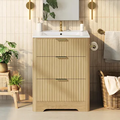 Produktbild von Merax Waschtischunterschrank 61 cm, Badezimmerschrank mit Keramik Waschbecken, 2 Schubladen, Toilettenpapierhalter, Goldgriffe, Holzoptik
