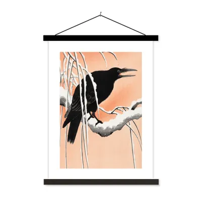 Produktbild von MuchoWow® Textilposter Krähe - Vogel - Zweig - Vintage - Japanisch 60x80 cm mit schwarzem Rahmen - Plakathalter