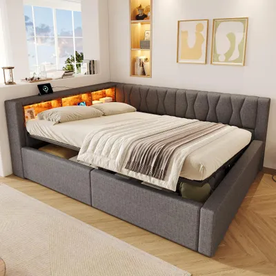 Produktbild von Daybett, Schlafsofa mit USB-Anschluss, dimmbarer LED-Leiste, hydraulischem Stauraum und praktischem Regal. Ohne Matratze. Grau, 140x200cm