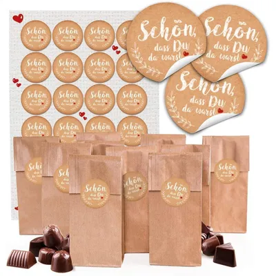 Produktbild von 24 braune natur DANKE-SCHÖN Tüte weiß grün 7 x 4 x 20,5 cm + 24 runde Aufkleber GEPUNKTET 4 cm Verpackung Gastgeschenk Mitgebsel give-away lebensmittel-echt Papiertüte Geschenktüte Boden-Beutel GebäckSticker zum Beschriften / 10 Stück