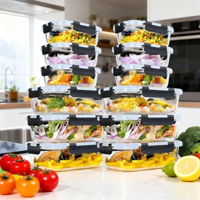 Obrázok produktu pre Sada sklenených nádob – 12 kusov – 6 x 1040 ml + 6 x 370 ml – Vzduchotesné viečka – Bez BPA – Vyrobené z borosilikátového skla – Vhodné do mikrovlnnej rúry