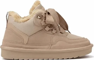 A single beige sneaker with fur lining is shown against a white background.
