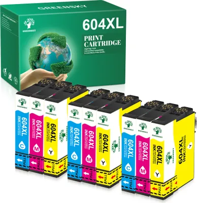 A box of printer cartridges and several cartridges are displayed.