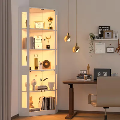 Produktbild von VOWNER Eckregal mit Glastüren, 205cm Beleuchtete Vitrine mit 3 Farblichtern für Sammlerstücke, Bücher,5-stöckiges Bücherregal mit Bewegungssensor,Weiß