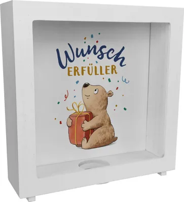 Produktbild von Bär mit Geschenk Rahmen Spardose aus Holz mit Spruch Wunscherfüller