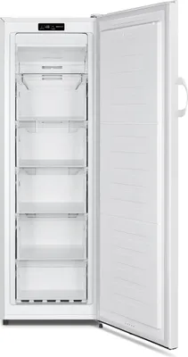 An open white freezer with multiple transparent drawers.