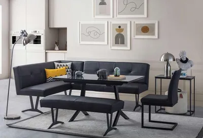 Produktbild von Stilvolles Schwarzes Esszimmer Set Leder Eckbank Sitzbänke Luxus Stühle