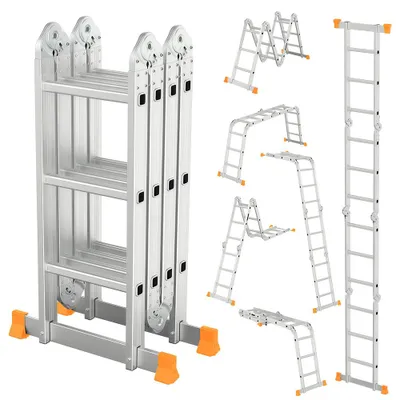 Produktbild von Alu Mehrzweckleiter 4x3 Stufen, 358 cm, 6-in-1 Klappleiter, 12 Sprossen, mit 4 Antirutschmatten, belastbar bis 150 kg