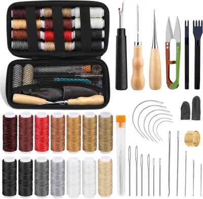 Produktbild von Set mit 43 Teilen für das Nähen von Leder, Werkzeugset mit 14 Farben gewachstem Garn, Nähahle, Zinkenstanze, Nähnadeln und Aufbewahrungstasche