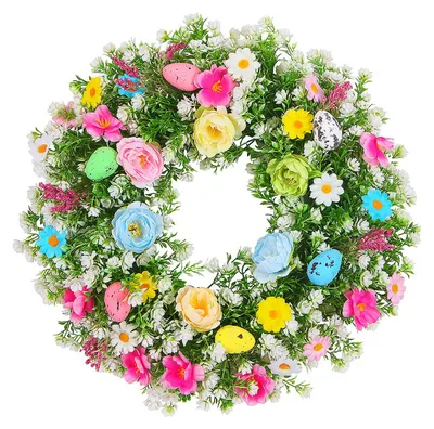 Produktbild von Osterkranz für die Haustür, künstlicher Frühlingsblumenkranz mit pastellfarbenen Eiern für drinnen und draußen, Veranda, Wanddekoration