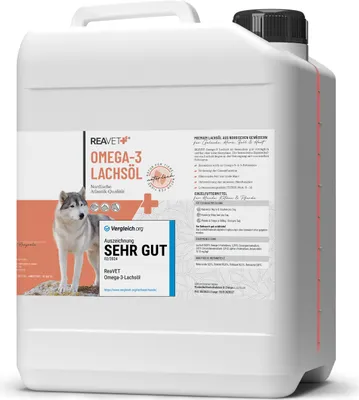Produktbild von REAVET Lachsöl Hunde, Pferde 5-Liter-Kanister - Reich an Omega 3 & 6, Fischöl Hund 5L I Echte Lebensmittelqualität ohne Zusätze I Frisch abgefüllt in Deutschland