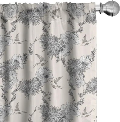 Zdjęcie produktu dla ABAKUHAUS Zasłony, firanki, zioła botaniczne z ptakami i motylami, orchidee, liście leśne w delikatnych odcieniach, 2 sztuki 75 x 175 cm, kość słoniowa i szary
