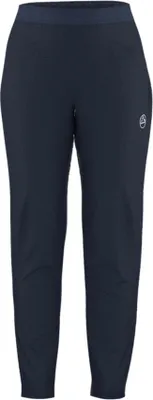 Dunkelblaue Softshellhose für Damen von La Sportiva; Modell Helixir Pants; mit elastischem Bund und Logo.
