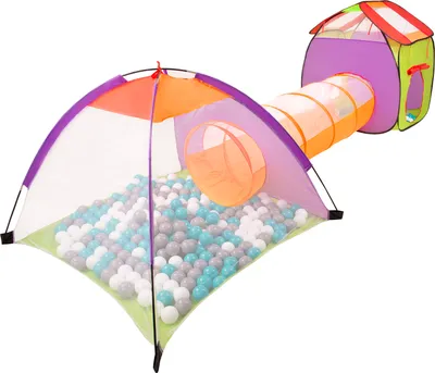 Produktbild von Selonis 3in1 spielzelt mit tunnel spielplatz popup bällebad mit 100 bälle für kinder, mehrfarbig:grau/weiß/türkis