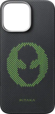A phone case with a green alien-like logo and brand name.