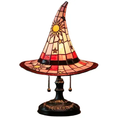 Produktbild von Hexenhut-Lampe, Hexenhut-Design, gotische Lampe, bunte Glas-Hexenhut-Lampe, geheimnisvoller Hexenhut, gotische Halloween-Innenraumdekoration