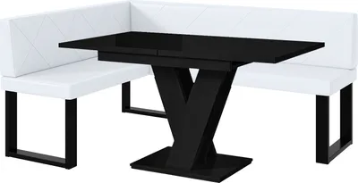 Produktbild von MEBLINI Eckbank für Esszimmer mit ausziehbarem Tisch - Küchenbank - Essecke - Sitzecke Küche - ERIC - U-Beine 128x168x87cm Links - Weiß Kunstleder/M Schwarz Hochgl.