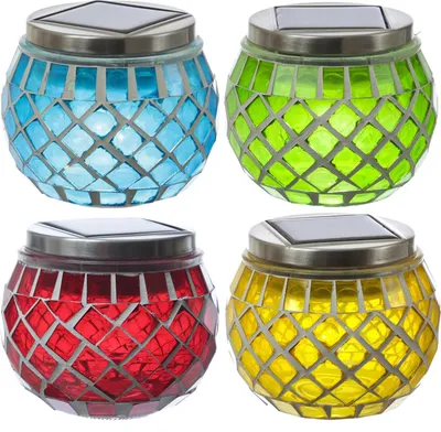 Produktbild von LED Solar Windlichter - Mosaik Solargläser - Lichtsensor - H: 9cm - für Außen - bunt - 4er Set