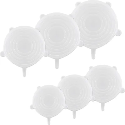 A set of six white silicone bowl covers arranged in two rows on a white background.