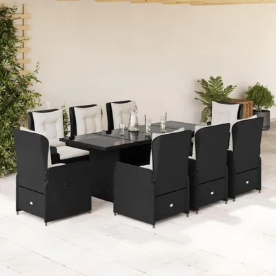 Productafbeelding van Polyrattan zitgroep voor 8 personen, 9-delige tuinmeubelset met verstelbare rugleuningen en een glazen tafelblad, zwart