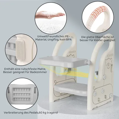 Produktbild von Onasti Tritthocker für Kinder 2 Stufen, Höhenverstellbar Tritt-Schemel Kinderschemel für Baby, mit Handhaben, Zweistufiger Tritthocker, Ab ca. 1.5 bis ca. 5 Jahre Grau