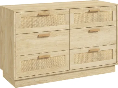Image de HOMCOM Commode 6 tiroirs commode chambre meuble de rangement style bohème avec cadre en bois, commode en rotin pour chambre à coucher, salon, entrée, 110 x 40 x 69 cm, chêne