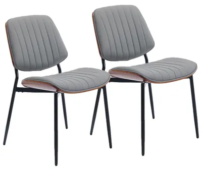Productafbeelding van Set van 2 eetkamerstoelen van kunstleer met een rugleuning van beuken en zwarte metalen poten, grijs