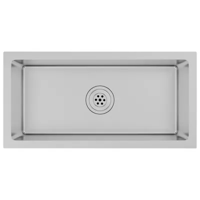 A top-down view of a stainless steel sink with a drain in the center.