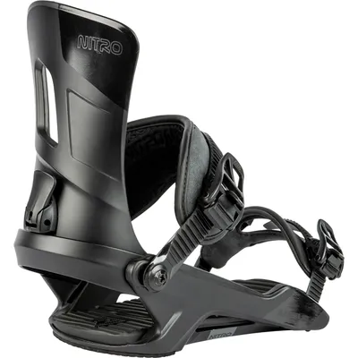 A black snowboard binding is shown against a white background.