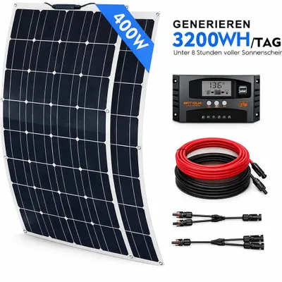 Produktbild von 400W 18V Solarpanel Flexible Monokristallin Solarmodule Solaranlage Wohnmobil Komplettset für Boot Camping